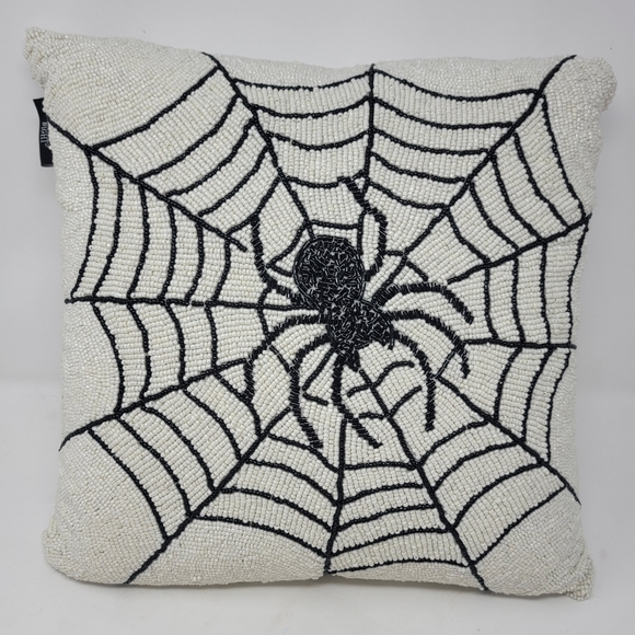 Set Of 2 Noir Night Halloween Spider Web 16" Beaded Decorative Pillow - Picture 1 of 10